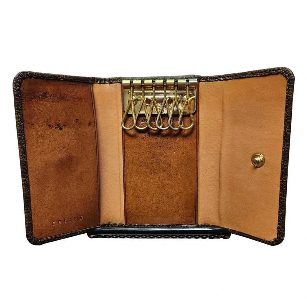 Vintage Celine Macadam Canvas 6 Key Holder Case Wallet Brown Leather Italy Auth - Picture 7 of 9